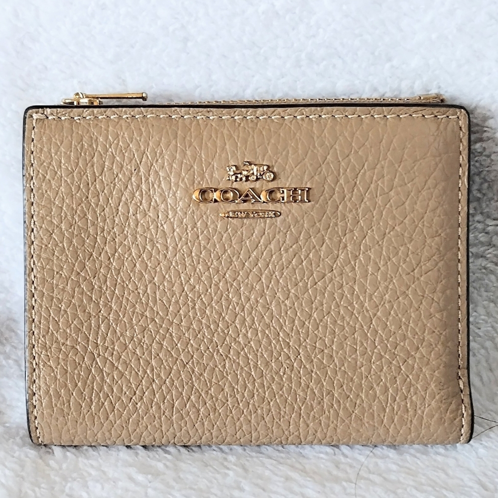😍 Coach Mini Taupe Tan Refined Pebbled Leather Bifold Snap Wallet - Picture 4 of 11